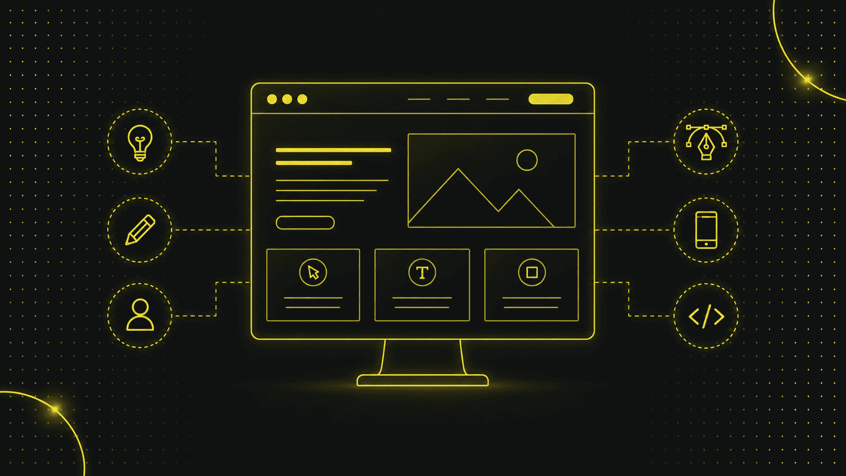 Eine digitale Illustration eines Computermonitors mit Symbolen, die Ideen, Schreiben, Benutzer, Cursor, Text, Smartphone, Codierung und AI auf einem schwarzen Hintergrund mit gelben Highlights darstellen.