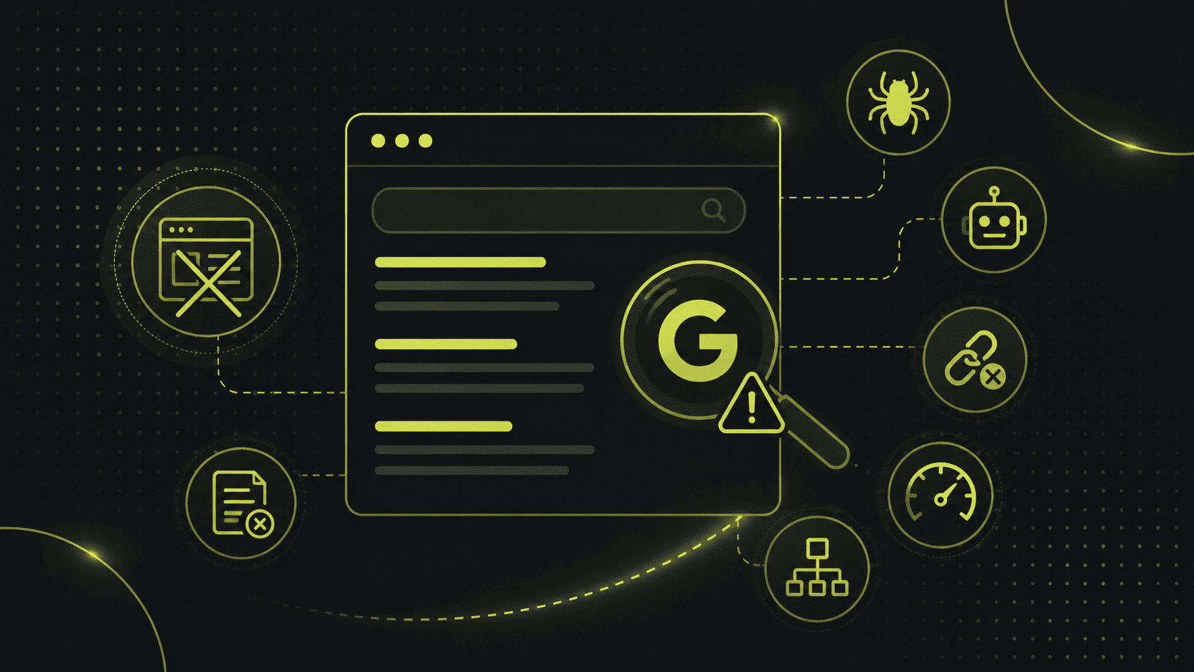 Eine Grafik eines Webbrowser-Fensters mit einem Lupensymbol und einer Warnung, umgeben von Symbolen, die Webfehler, einen Bug, einen Bot, defekte Links und Website-Analysen darstellen.