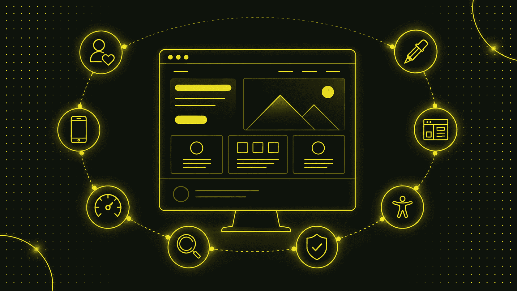 Illustration eines Computerbildschirms, der von Symbolen umgeben ist, die für die Zugänglichkeit von Websites stehen - Suche, Sicherheit, Geschwindigkeit, Benutzerfreundlichkeit und mobile Kompatibilität - und auf einem schwarzen Hintergrund hervorheben, was beim Webdesign wichtig ist.