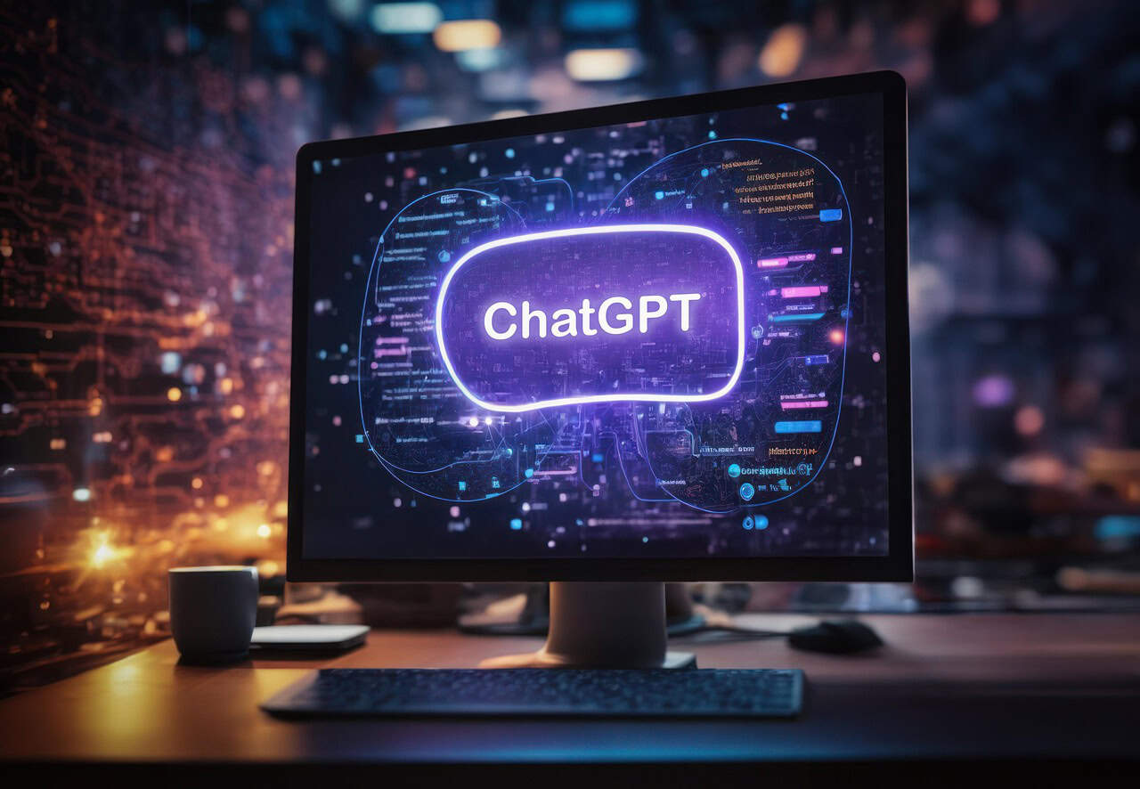 Ein Computermonitor auf einem Schreibtisch zeigt das Wort "ChatGPT" mit digitalen Grafiken im Hintergrund, die auf künstliche Intelligenz oder Chatbot-Technologie hindeuten.