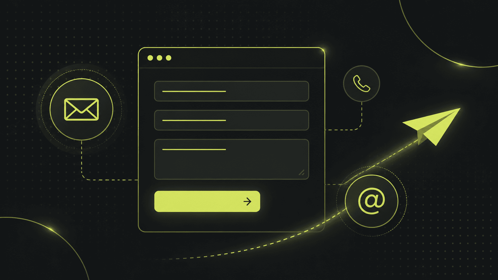 Ein digitales Kontaktformular wird mit Symbolen für E-Mail, Telefon und Papierflieger angezeigt, die verschiedene Kommunikationsmethoden auf einem dunklen Hintergrund symbolisieren.