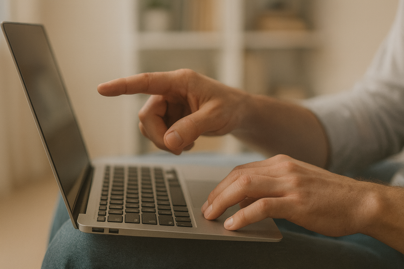 Eine Person benutzt einen Laptop, wobei eine Hand auf der Tastatur liegt und die andere Hand auf den Bildschirm zeigt.