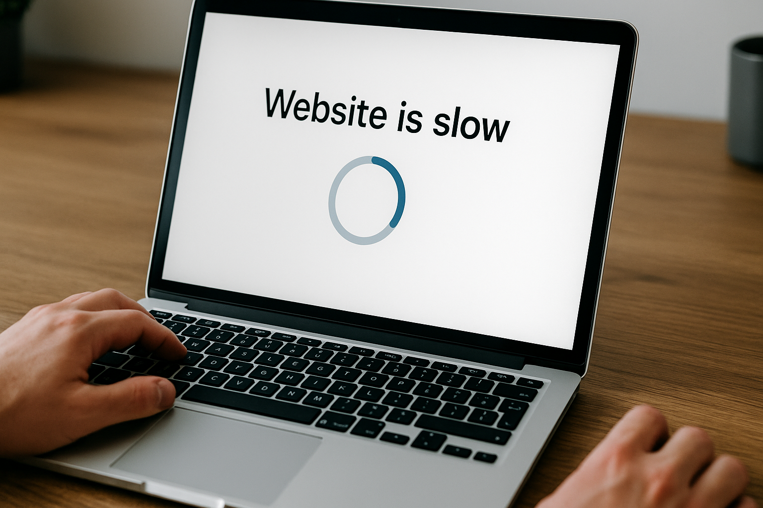 Eine Person benutzt einen Laptop, der die Meldung "Website ist langsam" mit einem Ladesymbol auf dem Bildschirm anzeigt.