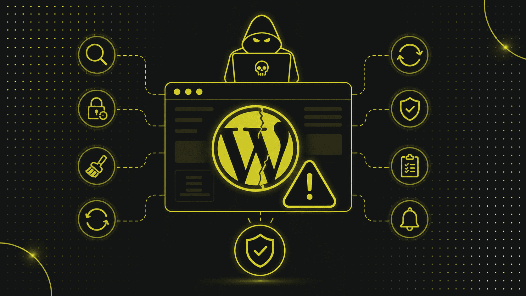 Eine vermummte Figur über einem geknackten WordPress-Logo auf einem Bildschirm, umgeben von Sicherheits- und Warnsymbolen, die auf eine Bedrohung der Cybersicherheit hinweisen.