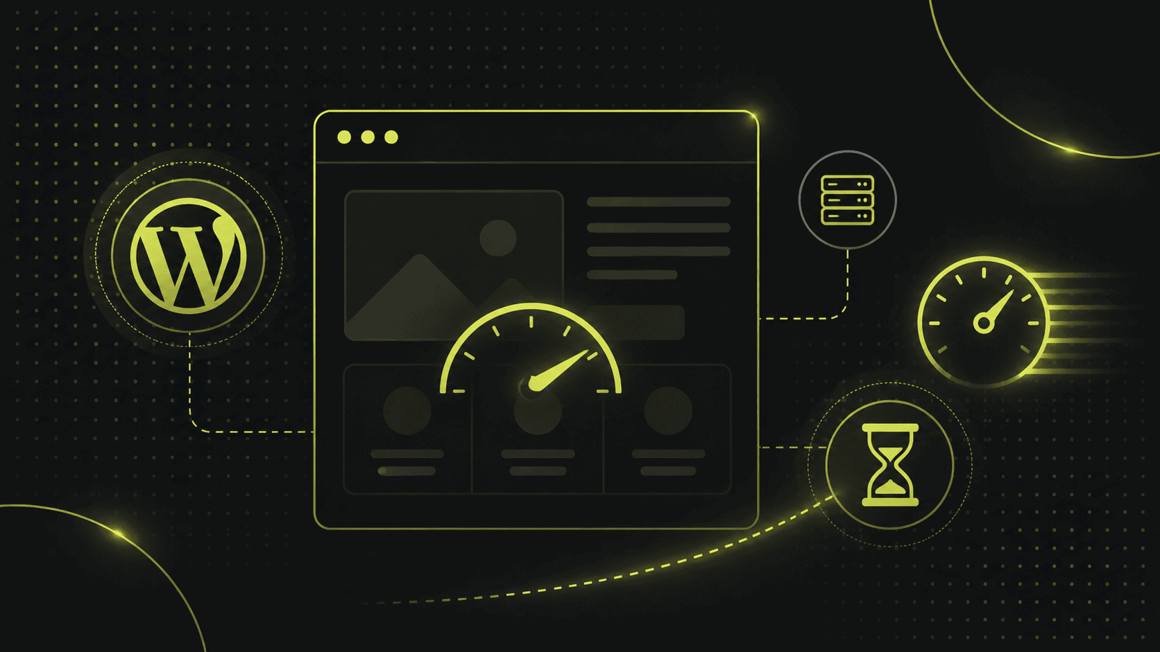 Illustration eines Website-Dashboards, das mit Symbolen für WordPress, Server, Geschwindigkeit und einer Sanduhr verbunden ist und die Optimierung der Website-Leistung hervorhebt.