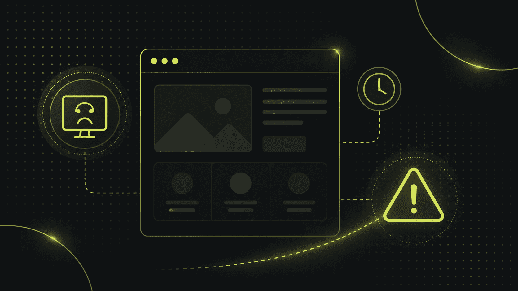 Illustration einer Website-Schnittstelle, die mit den Symbolen eines traurigen Computers, einer Uhr und einem Warnsymbol verbunden ist, das auf Website-Fehler oder Ausfallzeiten hinweist.