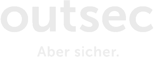 Das Bild zeigt das Wort "outsec" in großen, hellgrauen Buchstaben und die Phrase "Aber sicher." in kleinerer, hellerer Schrift darunter.