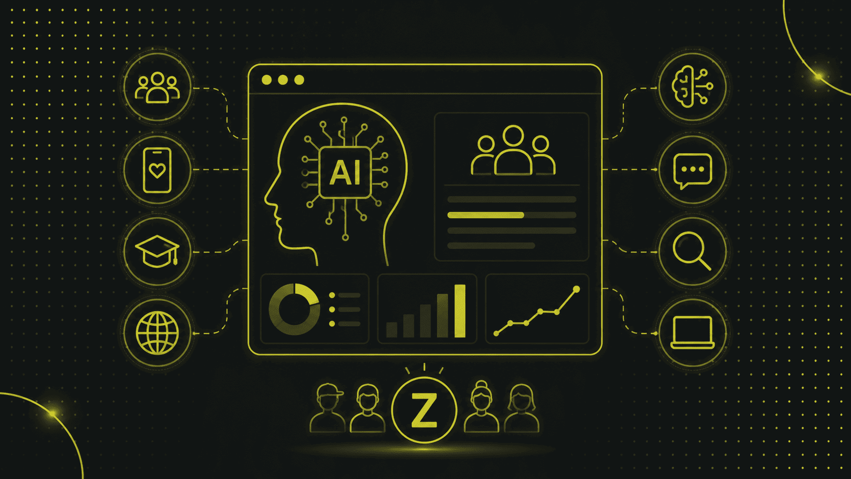 Illustration der KI-Technologie mit einem menschlichen Profil, Diagrammen und Benutzersymbolen in Verbindung mit verschiedenen digitalen und Kommunikationssymbolen auf einem dunklen Hintergrund.