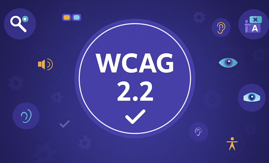 Eine Grafik mit "WCAG 2.2" in fettgedruckter weißer Schrift in der Mitte, umgeben von Symbolen für Barrierefreiheit auf lila Hintergrund - perfekt zur Illustration einer barrierefreien Website-Checkliste.