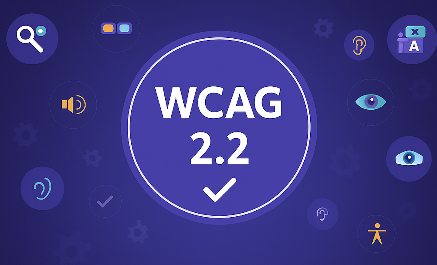 Eine Grafik mit "WCAG 2.2" in fettgedruckter weißer Schrift in der Mitte, umgeben von Symbolen für Barrierefreiheit auf lila Hintergrund - perfekt zur Illustration einer barrierefreien Website-Checkliste.