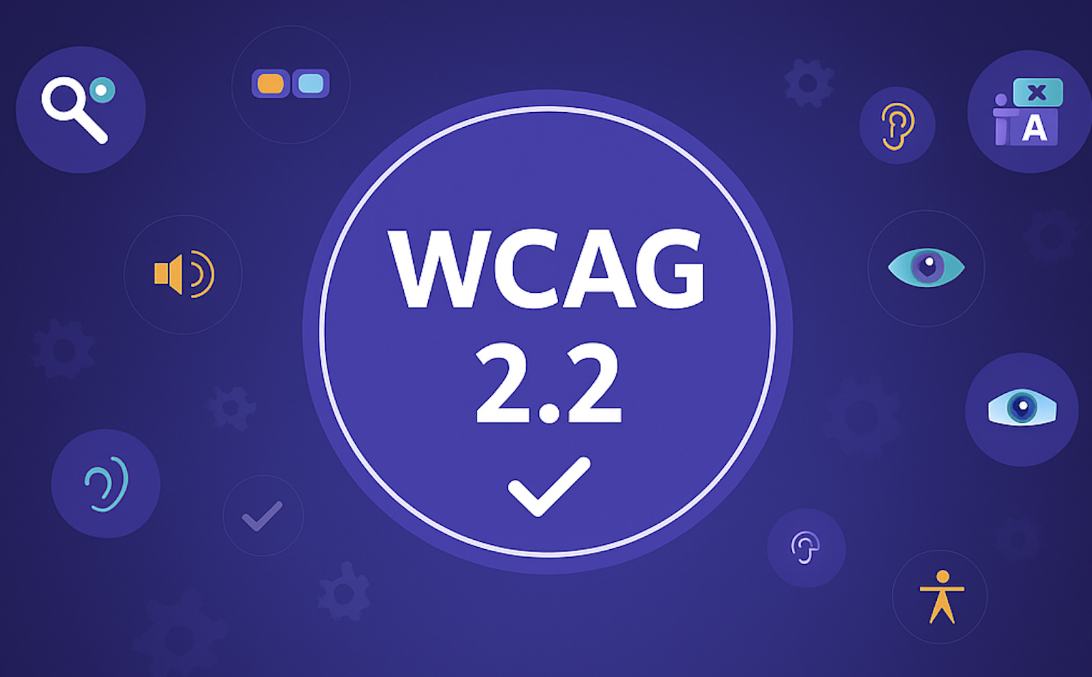 Eine Grafik mit "WCAG 2.2" in fettgedruckter weißer Schrift in der Mitte, umgeben von Symbolen für Barrierefreiheit auf lila Hintergrund - perfekt zur Illustration einer barrierefreien Website-Checkliste.
