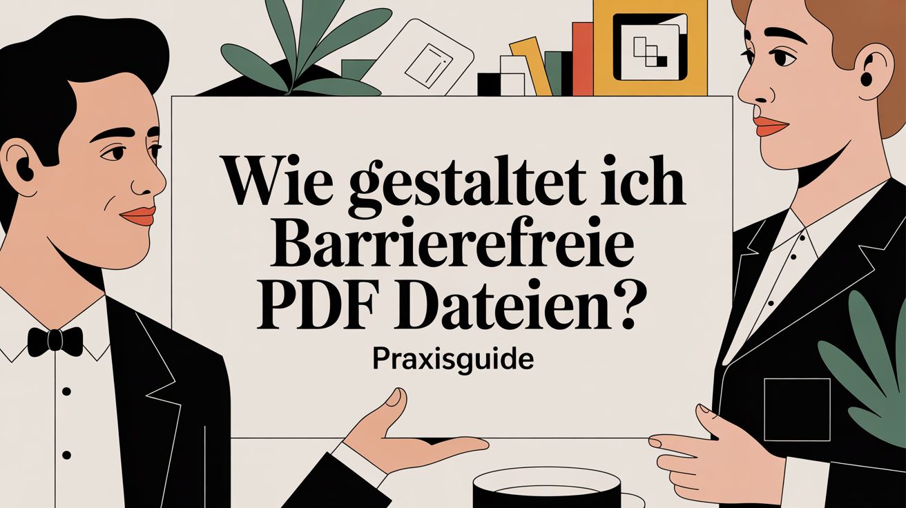 Zwei illustrierte Personen in Anzügen halten ein Schild mit der Aufschrift "Wie gestalte ich Barrierefreie PDF Dateien? Praxisguide" auf Deutsch, mit Büroartikeln und Pflanzen im Hintergrund.
