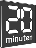Logo der Zeitung "20 minuten" mit weißen Zahlen und Text im digitalen Stil auf einem dunklen rechteckigen Hintergrund.