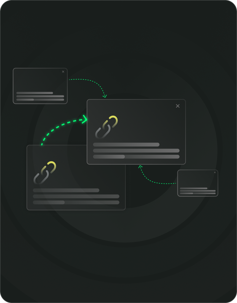 Illustration von Browser-Fenstern, die durch grün gestrichelte Pfeile verbunden sind, mit Kettenglied-Symbolen, die das Konzept von Hyperlinks und Backlinks kaufen zwischen Webseiten visualisieren.