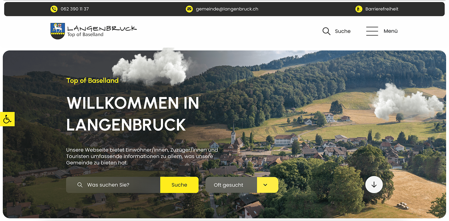 Screenshot der Homepage der Gemeinde Langenbruck, die ein Dorf in einem grünen Tal zeigt, mit Such- und Navigationsoptionen in deutscher Sprache.