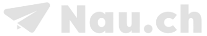 Das Logo von Nau.ch zeigt ein Papierflugzeug-Symbol links neben dem Namen der Website in Kleinbuchstaben.