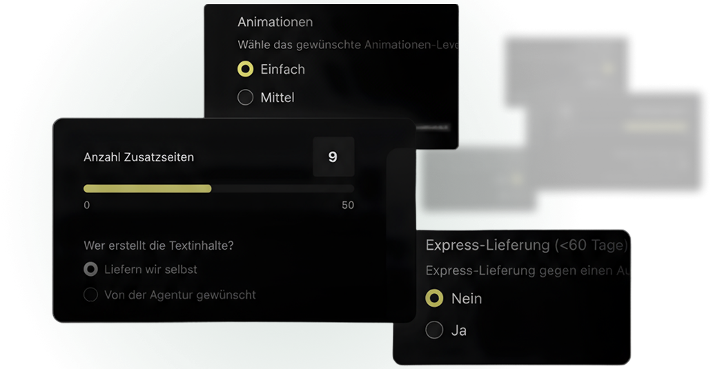Screenshots einer Benutzeroberfläche in deutscher Sprache mit hervorgehobenen Optionen für Animationsstufe, zusätzliche Liefertage und Expresslieferung.