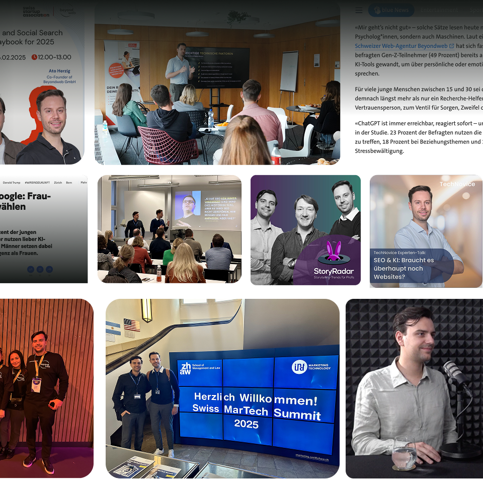 Eine Fotocollage von einer professionellen Veranstaltung zeigt Referenten, Präsentationen, Networking und Event-Beschilderung für den Swiss MarTech Summit 2025.