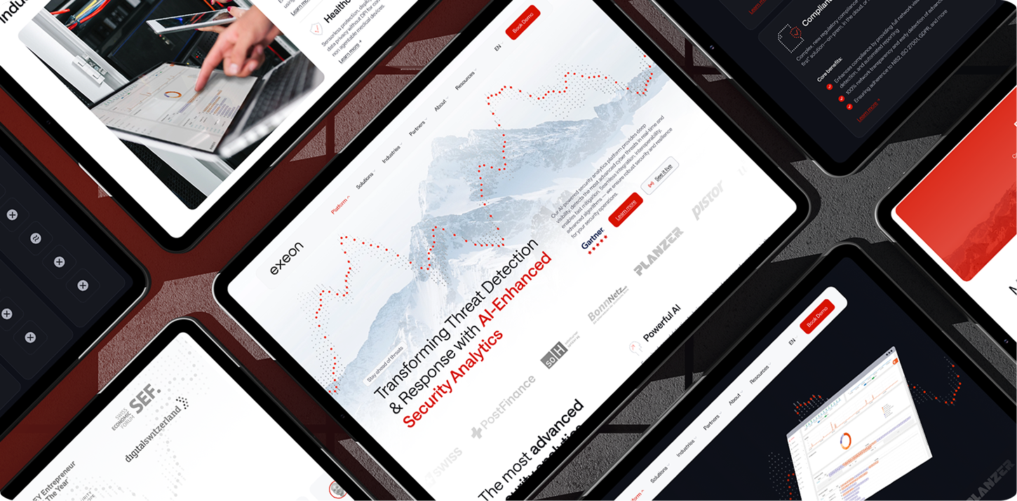 Auf mehreren Tablet-Bildschirmen werden Websites zur Cybersicherheit und Datenanalyse mit Grafiken, Dashboards und Oberflächenelementen mit weißem, rotem und dunklem Hintergrund angezeigt.