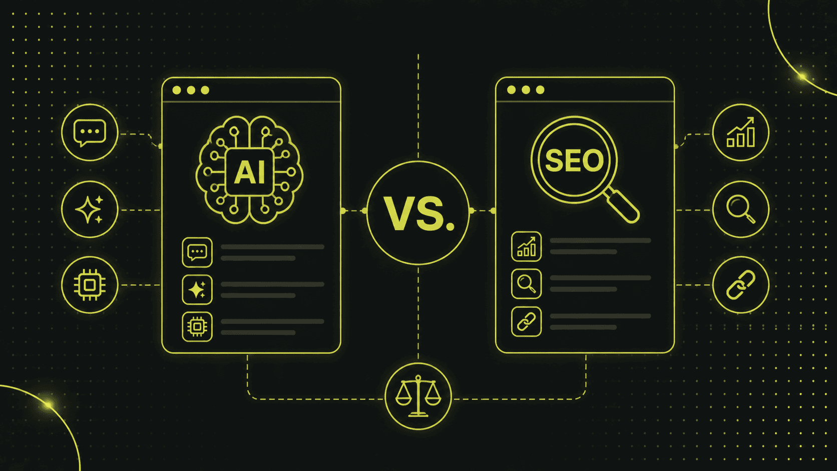 Eine Grafik vergleicht AI und SEO anhand von zwei umrandeten Browserfenstern mit entsprechenden Symbolen, die durch ein "VS."-Symbol in der Mitte verbunden sind.