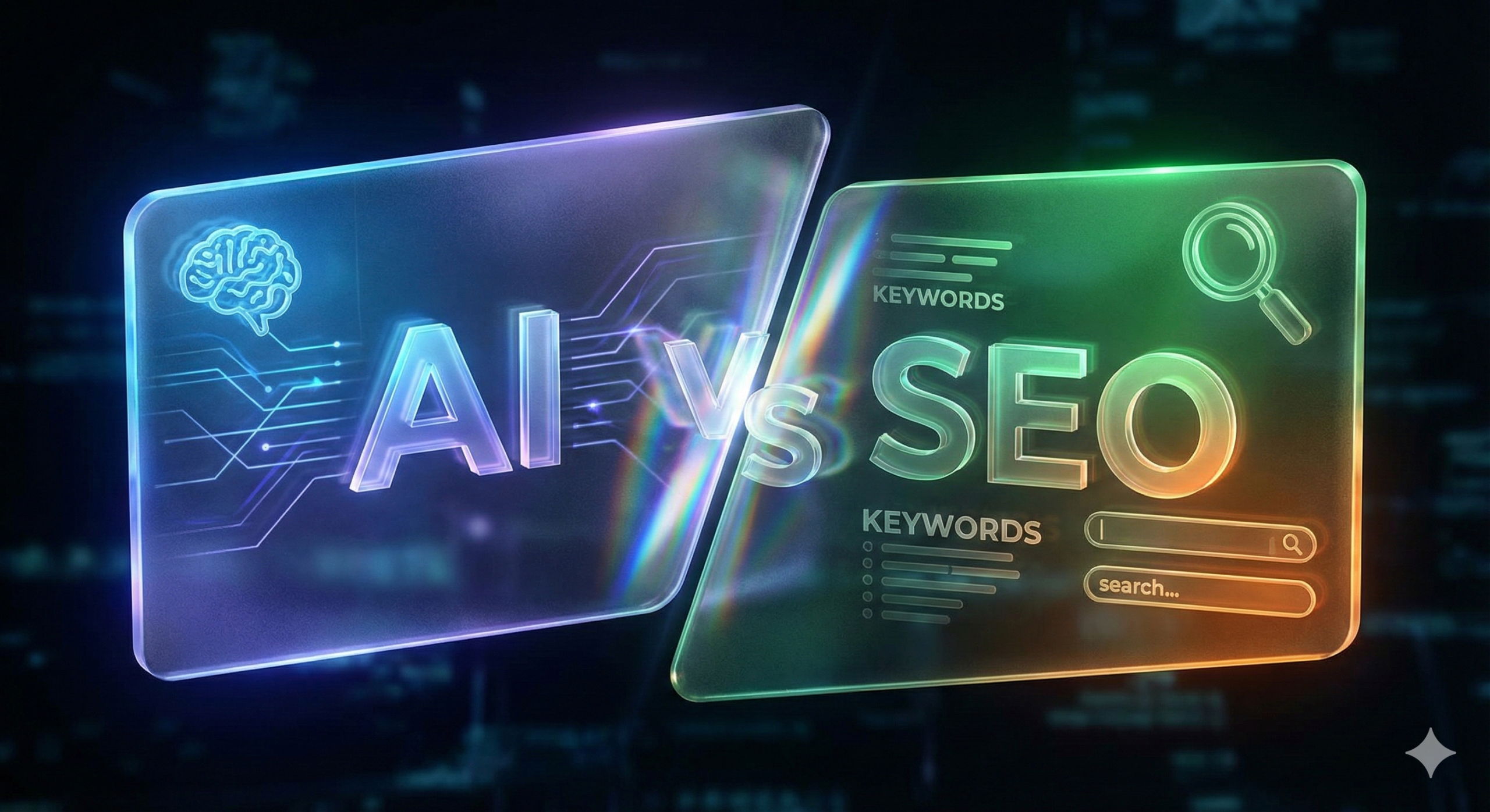 Zwei glasartige Tafeln mit den Aufschriften "AI" und "SEO" stehen sich gegenüber, getrennt durch "vs", mit digitalen Grafiken und Schlüsselwortsymbolen im Hintergrund.