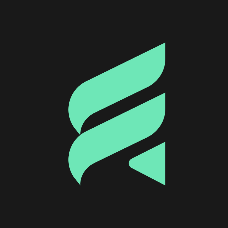 Ein stilisierter türkisfarbener Buchstabe "F" mit gebogenen und dreieckigen Formen auf schwarzem Hintergrund.