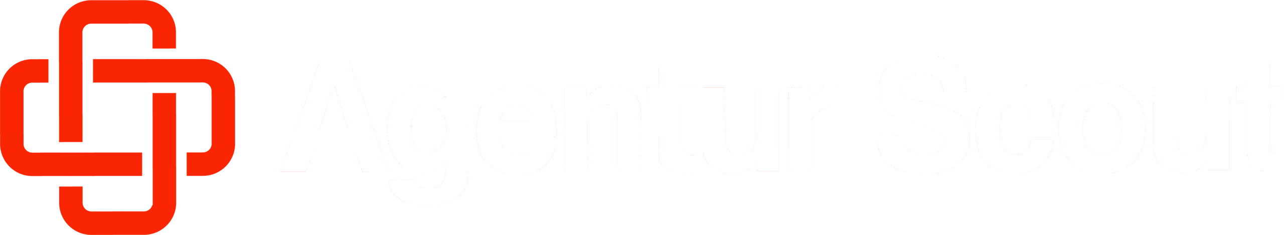 Rotes geometrisches Logo auf der linken Seite mit fettem hellgrauem Text "Agentur Scout" auf hellgrauem Hintergrund.