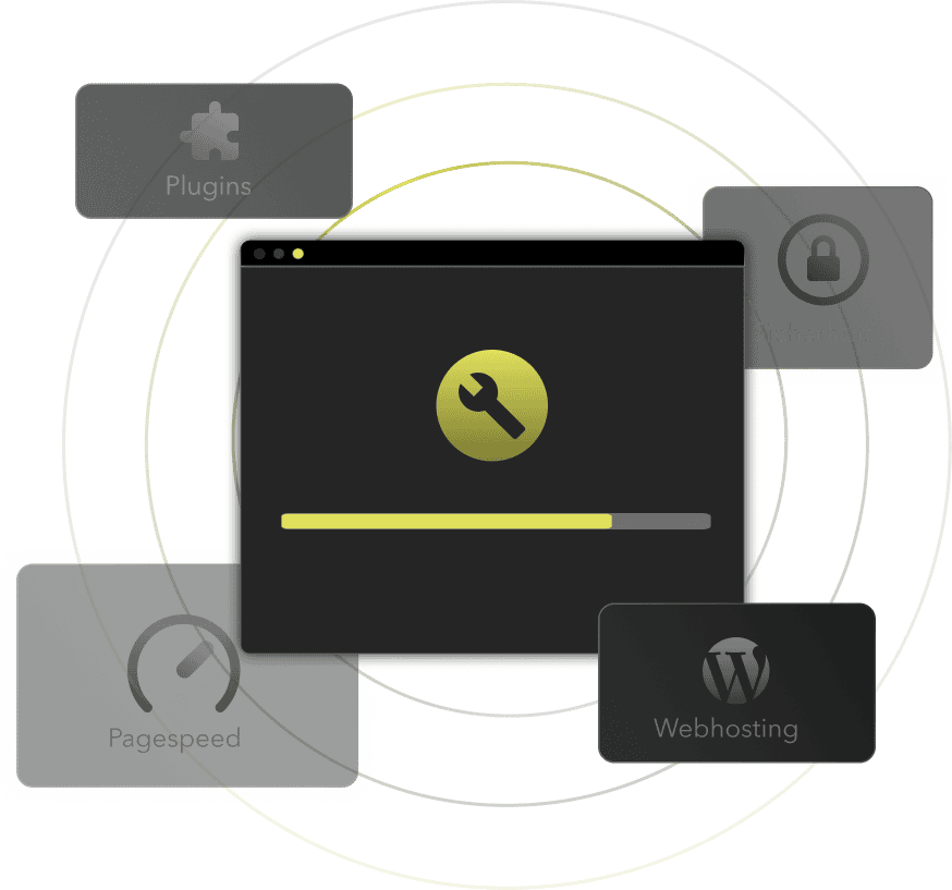 Ein Browser-Fenster mit einem Schraubenschlüssel-Symbol und einem Ladebalken befindet sich in der Mitte zwischen Symbolen mit der Bezeichnung Plugins, Pagespeed, Sicherheit und Webhosting.