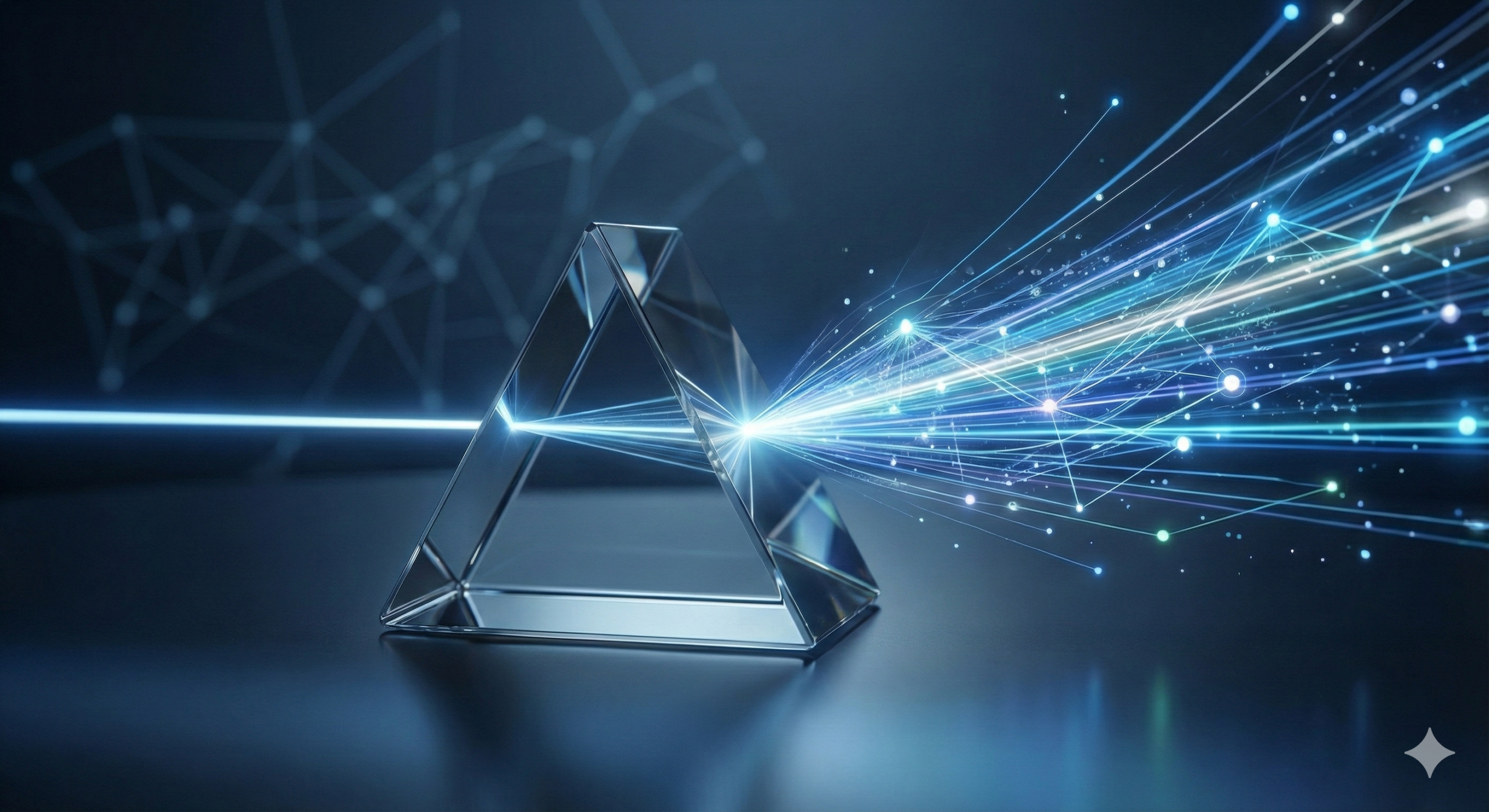 Ein transparentes dreieckiges Prisma liegt auf einer spiegelnden Oberfläche, von der blaue und weiße Lichtstrahlen und digitale Linien ausgehen.