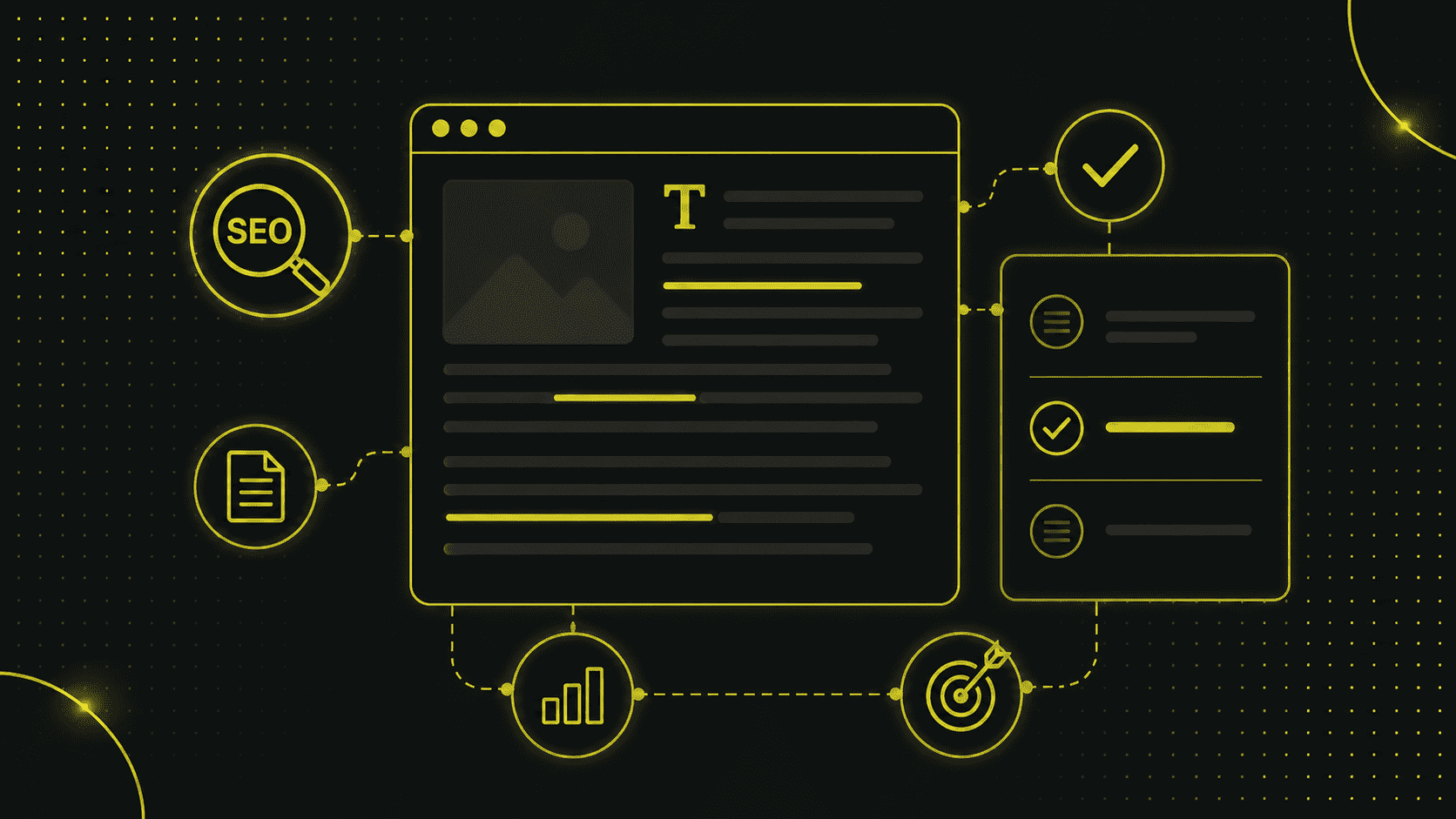Eine stilisierte Grafik zeigt eine Webseite, die von Symbolen für SEO, Dokumente, Checklisten, Analysen und ein Ziel umgeben ist - alles verbunden durch gepunktete gelbe Linien auf dunklem Hintergrund. Eine Sprechblase stellt die Frage: Was ist die optimale SEO-Textlänge?.