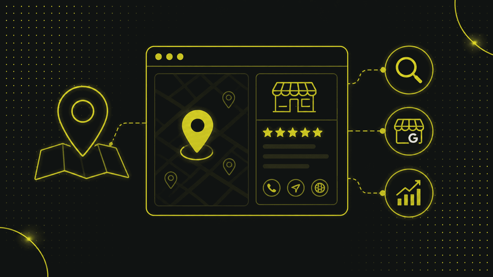 Eine digitale Illustration, die eine Karte mit Standortnadeln, ein Schaufensterprofil und Icons für Suche, Laden und Analyse zeigt - perfekt, um zu erklären, was lokale SEO ist - alles in gelben Linien auf schwarzem Hintergrund.