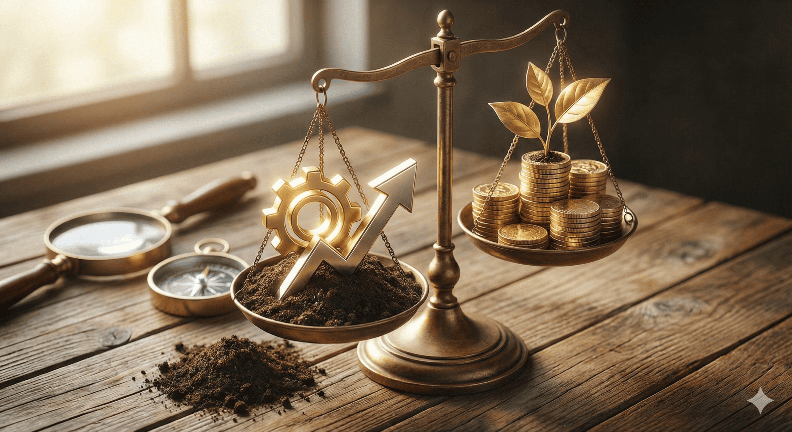 Eine Waage auf einem Holztisch hält auf der einen Seite ein Zahnrad mit einem Pfeil nach oben und Erde, auf der anderen Seite gestapelte Münzen mit Pflanzen, die Wachstum und Investitionen symbolisieren.