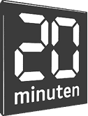 Schwarzes und weißes Logo mit Zahlen im Digitalstil, die "20" über dem Wort "minuten" auf einem quadratischen Hintergrund anzeigen.