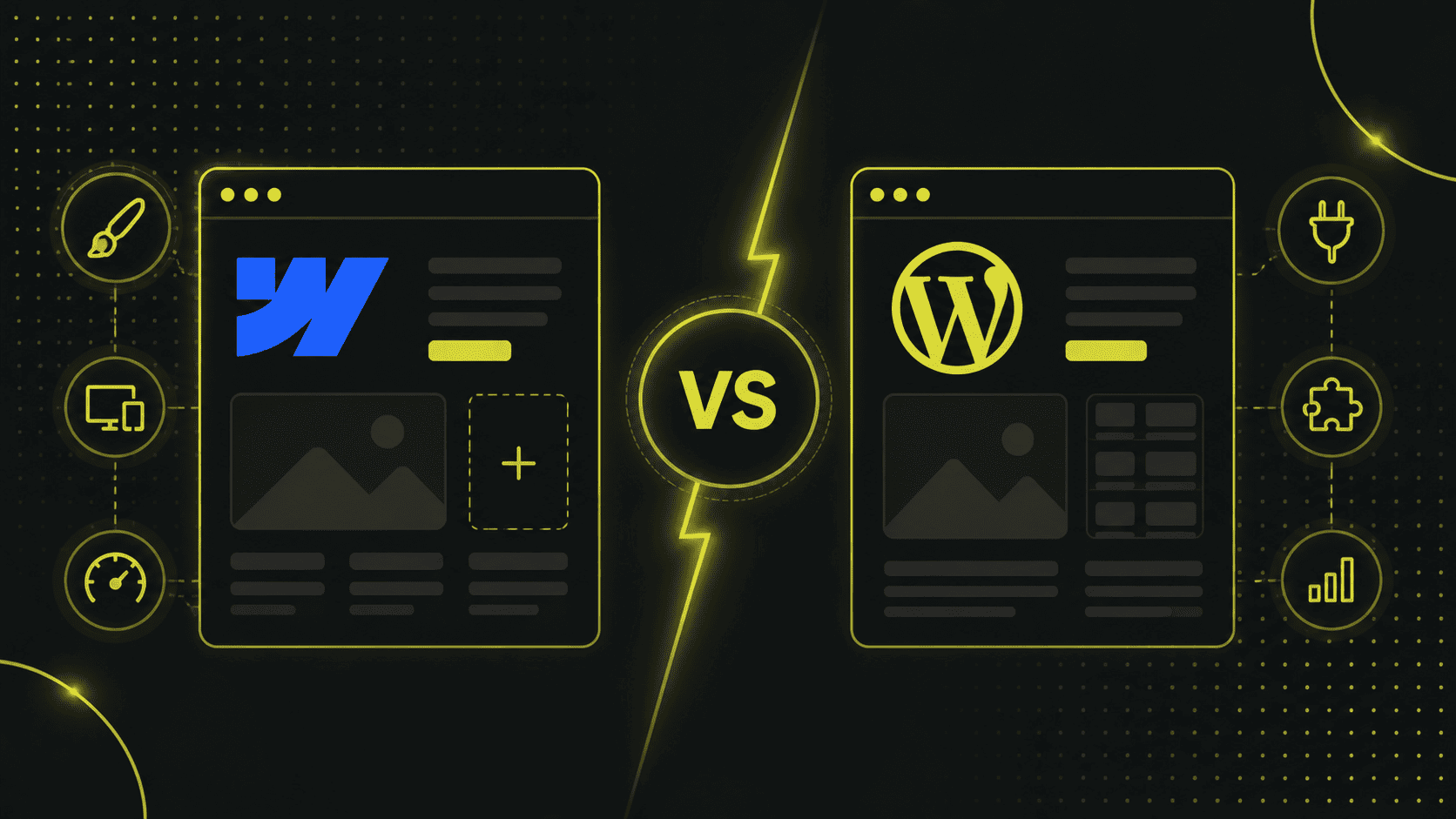 Vergleichsgrafik, die Website-Layouts für zwei Plattformen zeigt - Wix auf der linken Seite, WordPress auf der rechten Seite - und Funktionssymbole zwischen ihnen. Perfekt, um die Designunterschiede zwischen Webflow und WordPress auf einen Blick zu erkennen.