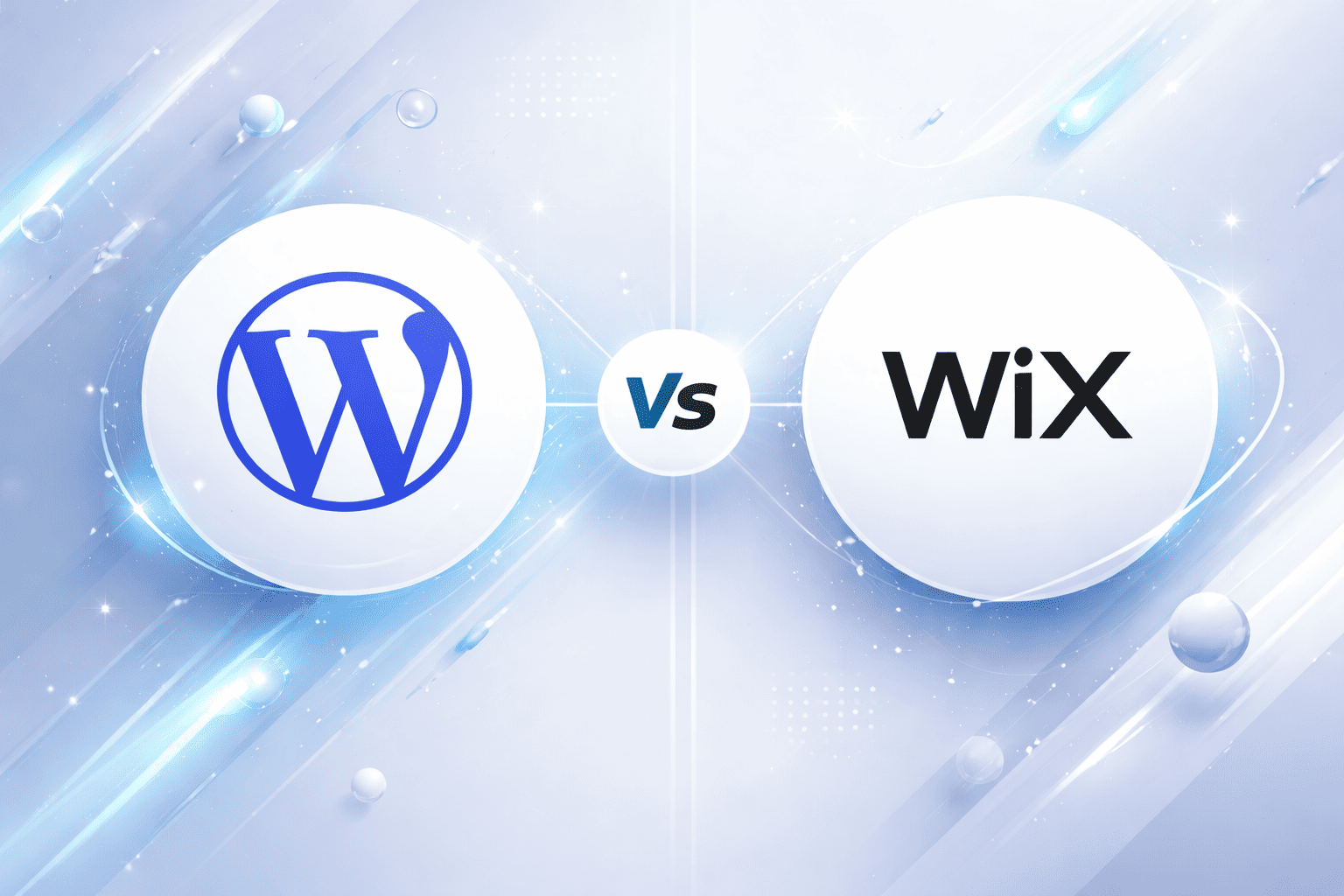 Das Bild zeigt das Wix- und das WordPress-Logo, die sich gegenüberstehen, mit dem "vs" in der Mitte, was den Vergleich zwischen den beliebten Plattformen zur Erstellung von Websites visuell hervorhebt.