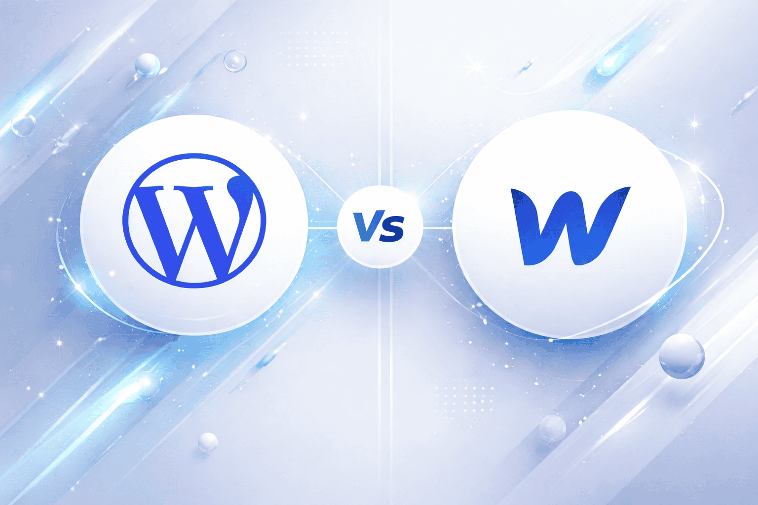 Das WordPress-Logo und das Webflow-Logo flankieren ein "vs"-Symbol, das den Vergleich zwischen Webflow und WordPress vor einem blau-weißen Hintergrund mit digitalem Thema visuell hervorhebt.