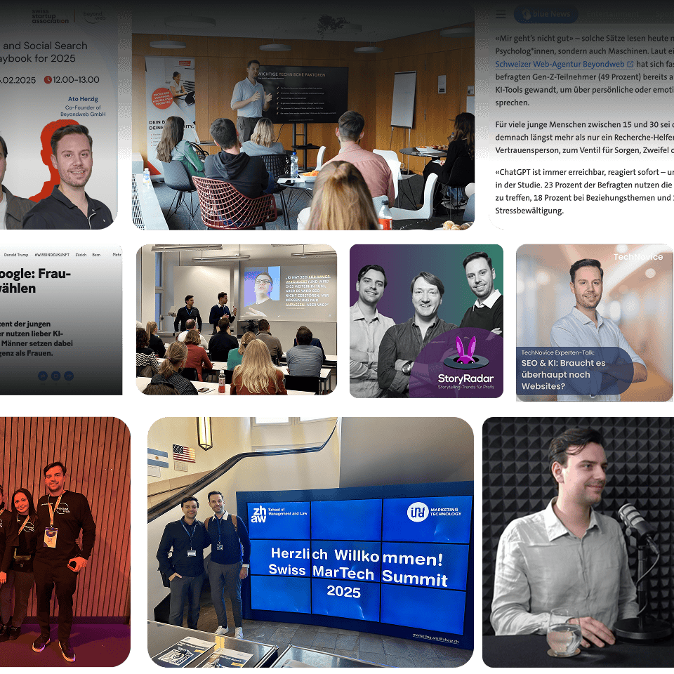 Eine Fotocollage von einem Marketinggipfel mit Rednern, Präsentationen, Veranstaltungsschildern, Zuhörern und professionellen Porträts.