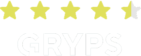 Viereinhalb gelbe Sterne über dem Wort "GRYPS" in weißen Großbuchstaben auf hellem Hintergrund.