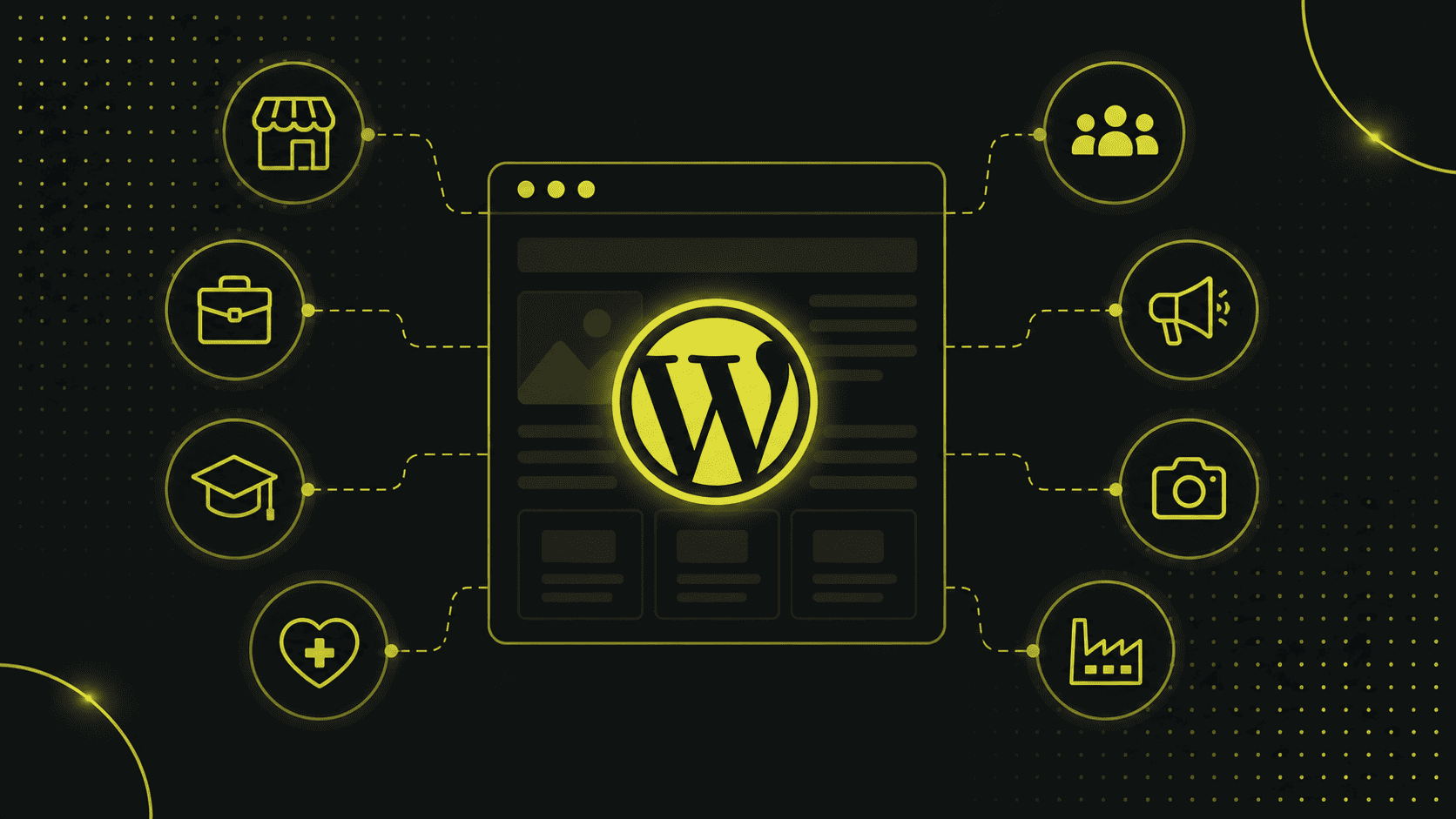 Eine Grafik einer WordPress-Oberfläche ist umgeben von Icons, die E-Commerce, Benutzer, Wirtschaft, Marketing, Bildung, Fotografie, Gesundheitswesen und Industrie darstellen - und zeigt damit, für welche Unternehmen sich WordPress eignet.