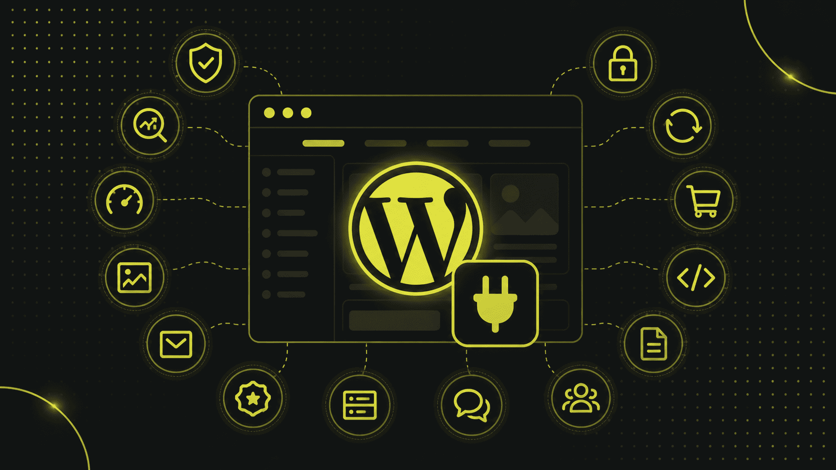 Eine Grafik eines WordPress-Dashboards, umgeben von Symbolen, die verschiedene Funktionen und die besten WordPress-Plugins darstellen, wie z. B. Sicherheit, Einkaufswagen, E-Mail und Einstellungen, auf einem dunklen Hintergrund.