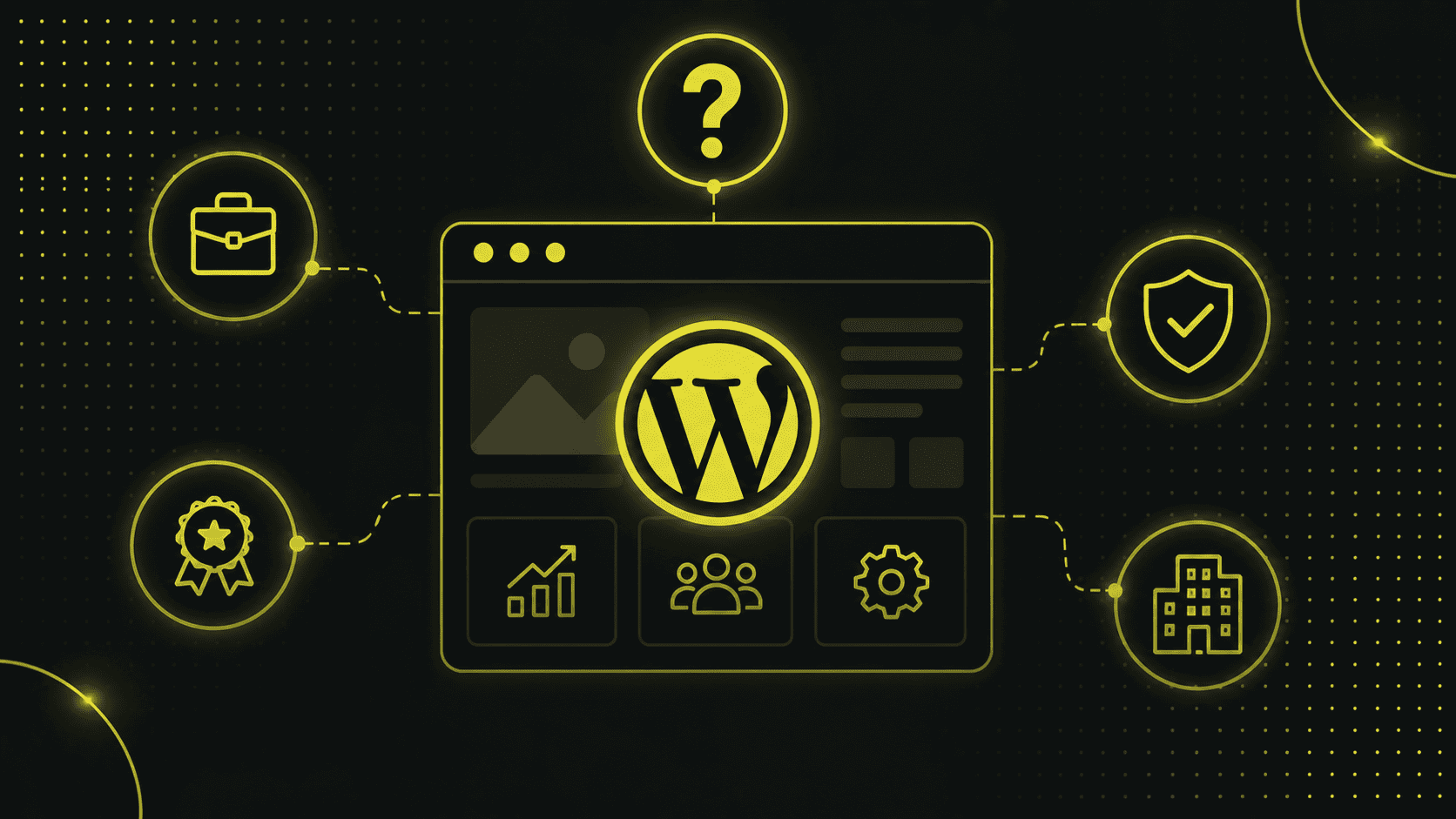 Eine Grafik einer professionellen Wordpress-Oberfläche in der Mitte, verbunden mit Symbolen, die Geschäft, Sicherheit, Leistung, Analyse, Benutzer, Einstellungen und ein Bürogebäude darstellen.