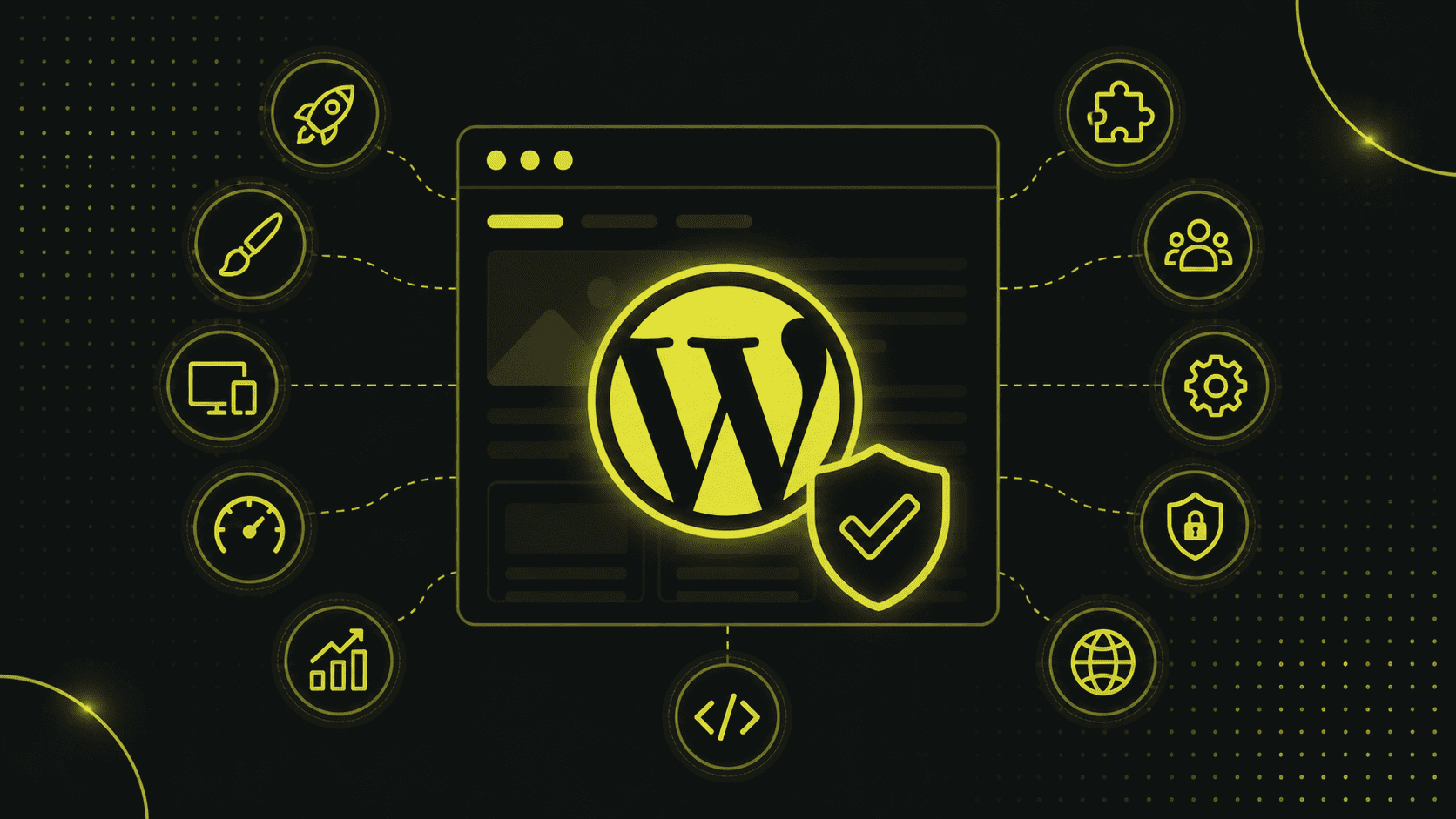 Eine Grafik des WordPress-Logos in der Mitte eines Computerbildschirms, umgeben von Symbolen, die verschiedene Website-Features und -Funktionen darstellen, alles in einem gelb-schwarzen Farbschema, das verdeutlicht, warum WordPress so beliebt ist.
