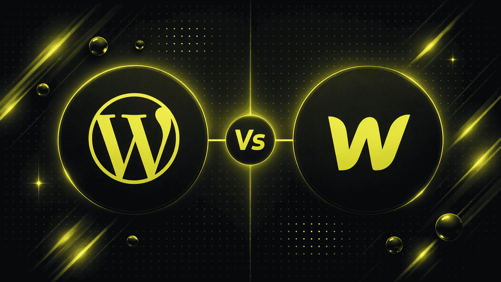 Webflow- und WordPress-Logos nebeneinander mit "Vs" dazwischen, vor einem schwarz-gelben digitalen Hintergrund.