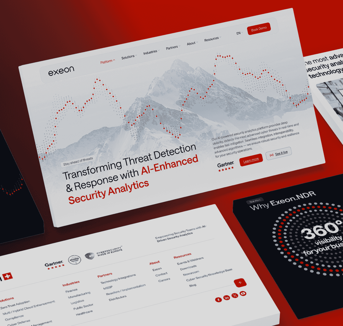 Auf einem Computerbildschirm wird die Exeon-Website mit KI-gestützter Sicherheitsanalyse angezeigt, wobei Diagramme über ein Bergbild gelegt werden und Navigationsmenüs sichtbar sind.