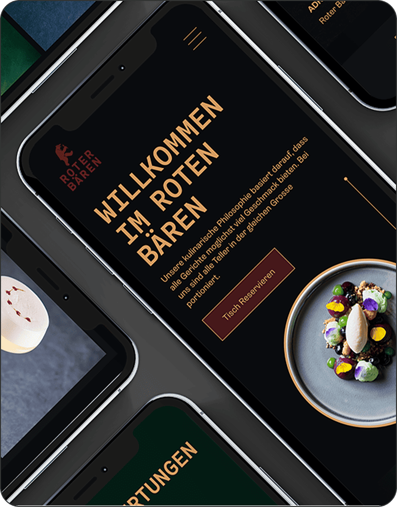 Smartphone, das die Website des Restaurants "Roten Bären" in deutscher Sprache anzeigt, mit einem Willkommensgruß und einem Foto eines Gourmet-Desserts auf einem Teller.