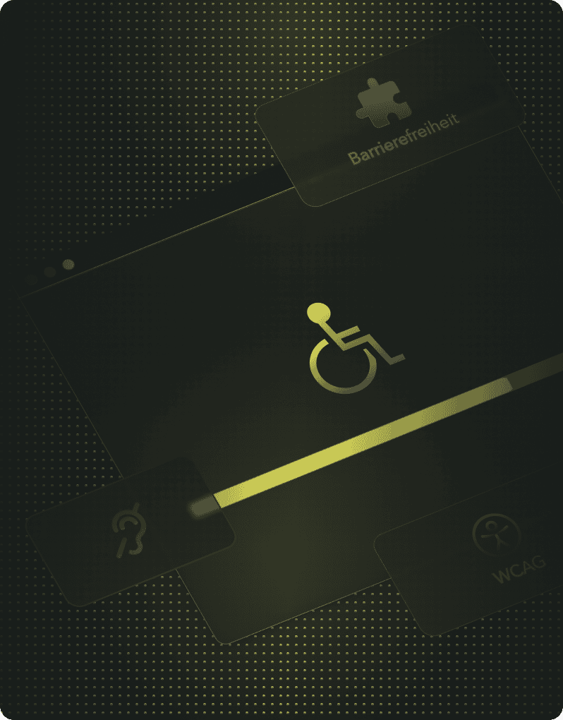 Eine digitale Schnittstelle zeigt ein Symbol für Barrierefreiheit, einen Fortschrittsbalken und Symbole mit der Aufschrift "Barrierefreiheit" und "WCAG" auf einem dunklen, gepunkteten Hintergrund - die perfekte Inspiration, wenn Sie eine barrierefreie Website erstellen lassen möchten.