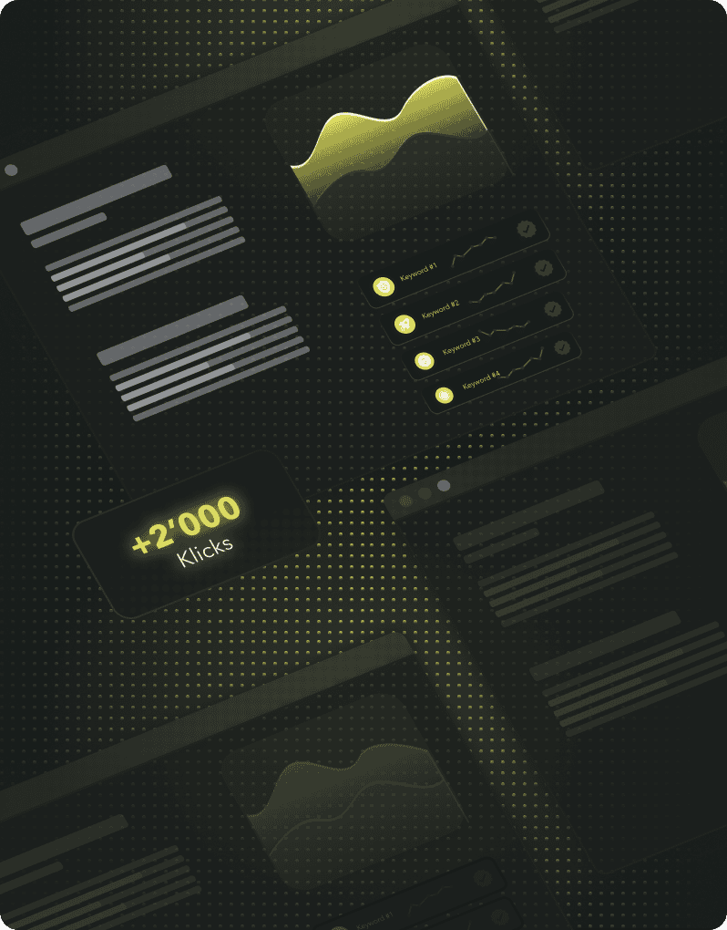 Digitale Dashboard-Oberfläche in dunklem Design von einer Webdesign-Agentur mit Diagrammen, Statistiken und Textblöcken, wobei die Metrik "+2.000 Klicks" gelb hervorgehoben ist.