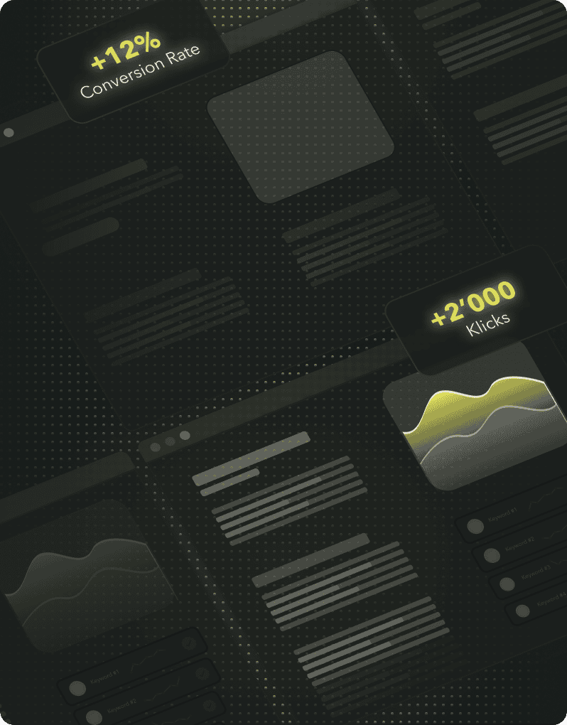 Ein digitales Dashboard zeigt eine Konversionsrate von +12 % und 2.000 Klicks für Nutzer, die die Website erstellen ließen, mit verschiedenen Grafiken, Diagrammen und verschwommenen Datenfeldern auf dunklem Hintergrund.