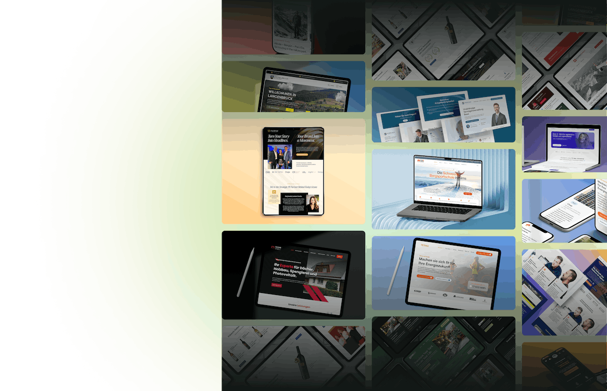 Eine Collage digitaler Geräte, auf denen verschiedene Websites und Online-Artikel angezeigt werden - um die Einfachheit des Website-Erstellens zu verdeutlichen -, angeordnet in einem Gittermuster mit einem Farbverlauf im Hintergrund links.