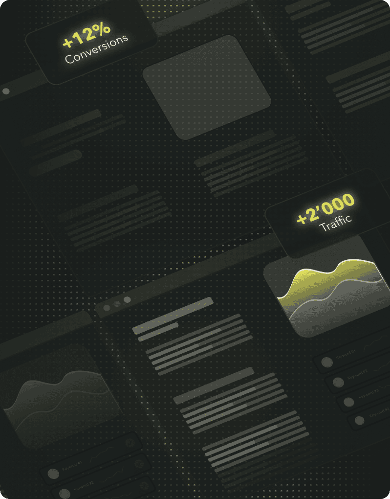 Ein Dashboard mit dunkler Benutzeroberfläche für eine Website für KMU zeigt Analysen mit hervorgehobenen Statistiken wie "+12% Conversions" und "+2.000 Traffic" neben gelb hervorgehobenen Diagrammen und Grafiken.